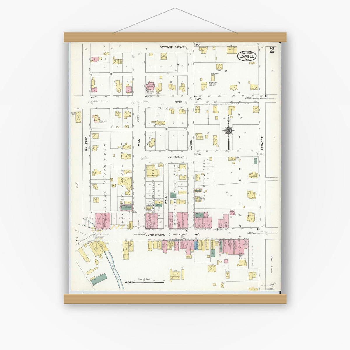 Old map wall art mockup — magnetic wood frame on white wall — Sanborn Fire Insurance Map from Lowell, Lake County, Indiana (1909), Sheet #0002