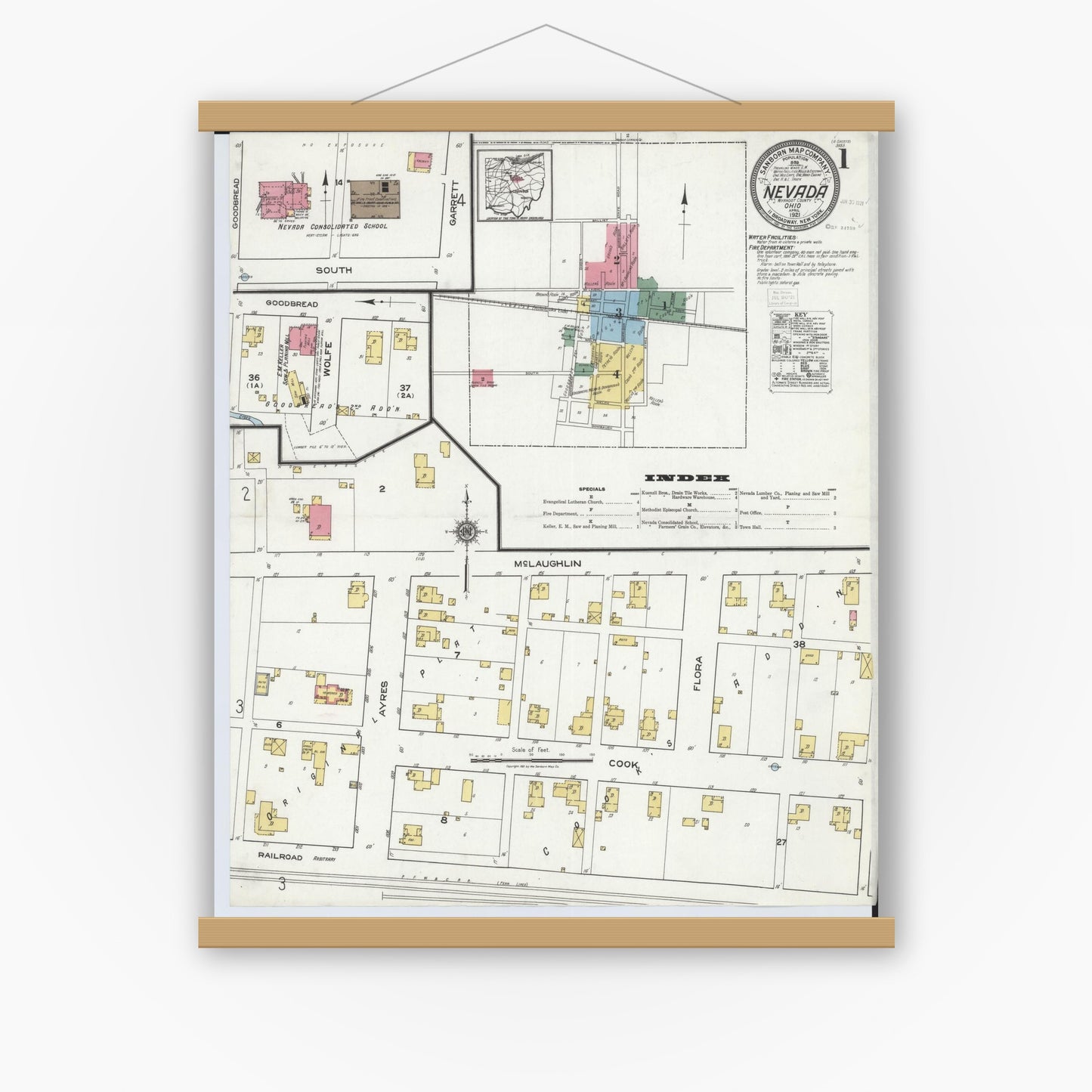 Old map wall art mockup — magnetic wood frame on white wall — Sanborn Fire Insurance Map from Nevada, Wyandot County, Ohio (1921), Sheet #0001