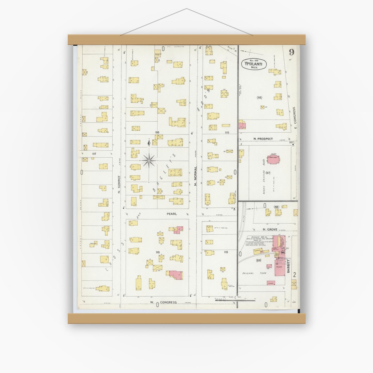 Old map wall art mockup — magnetic wood frame on white wall — Sanborn Fire Insurance Map from Ypsilanti, Washtenaw County, Michigan (1899), Sheet #0009