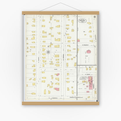 Old map wall art mockup — magnetic wood frame on white wall — Sanborn Fire Insurance Map from Ypsilanti, Washtenaw County, Michigan (1899), Sheet #0009