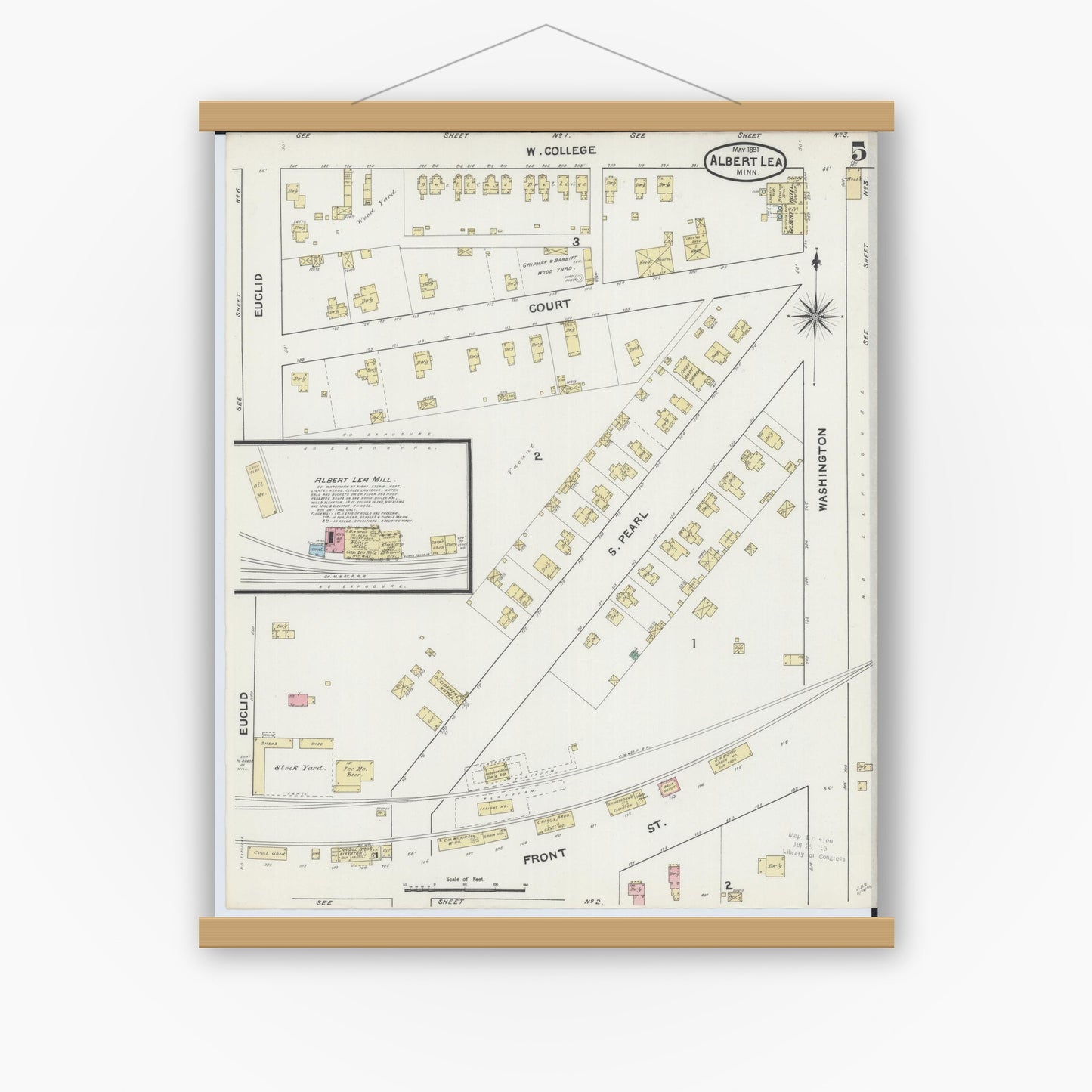 Old map wall art mockup — magnetic wood frame on white wall — Sanborn Fire Insurance Map from Albert Lea, Freeborn County, Minnesota (1891), Sheet #0005