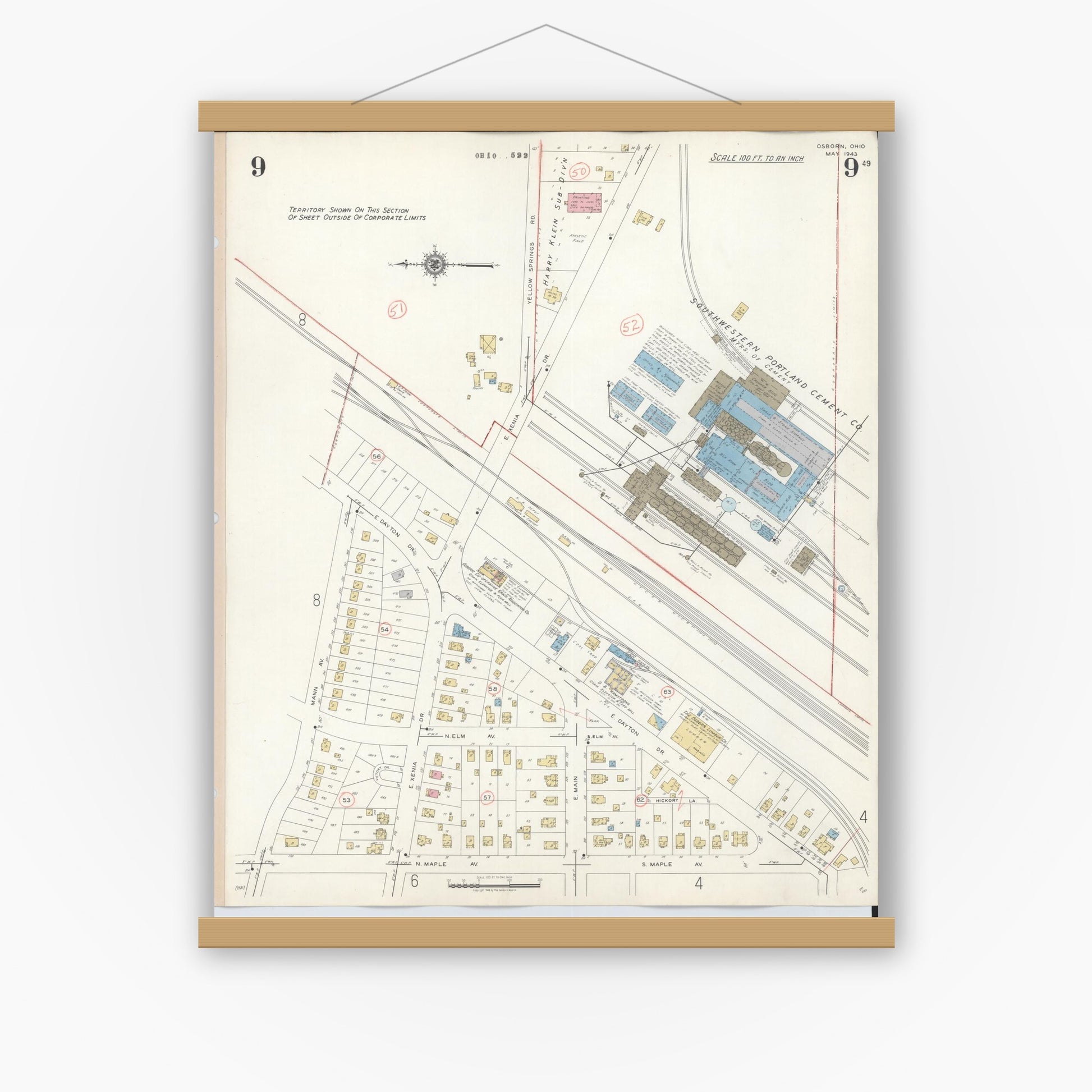 Old map wall art mockup — magnetic wood frame on white wall — Sanborn Fire Insurance Map from Osborn, Greene County, Ohio (1943), Sheet #0009