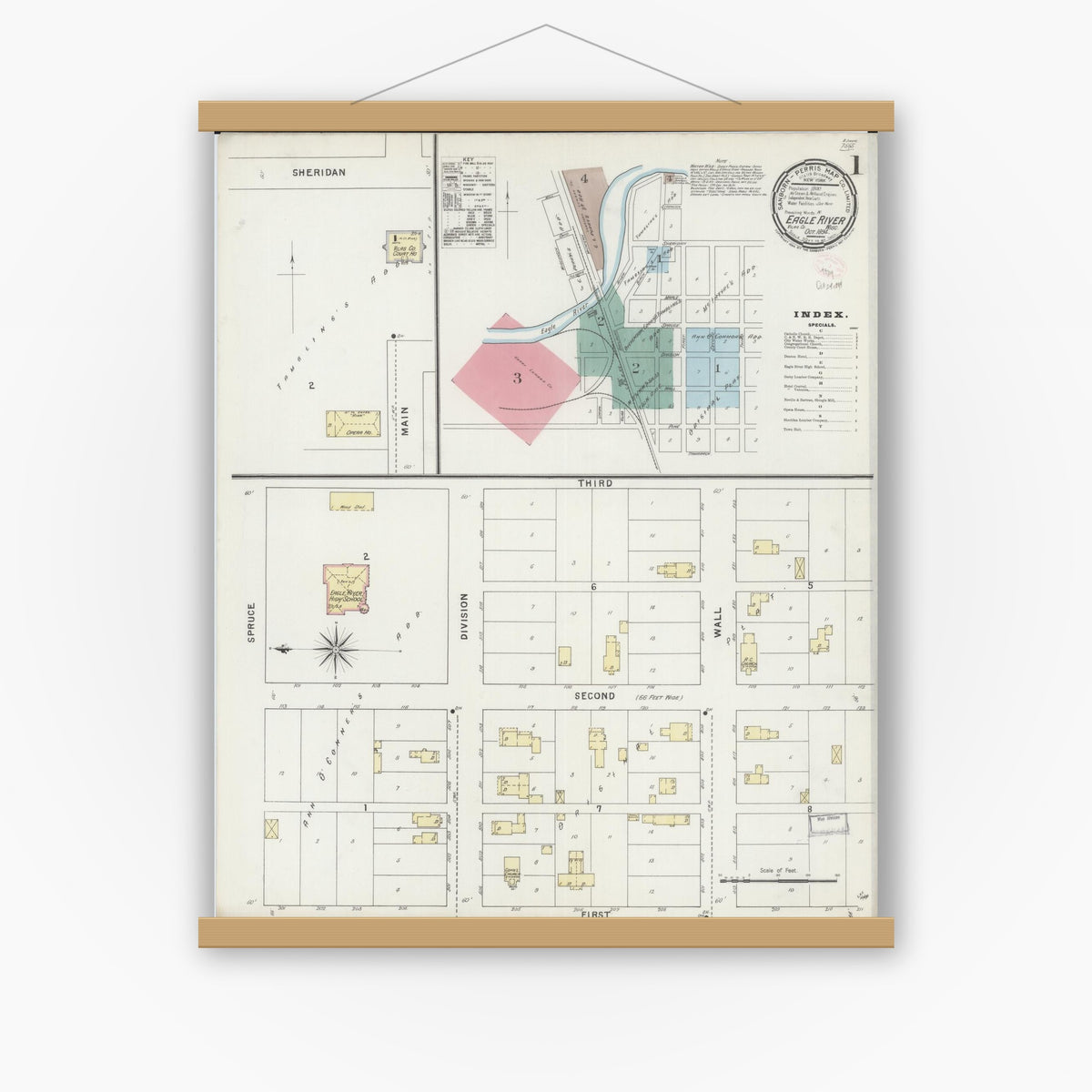 Old map wall art mockup — magnetic wood frame on white wall — Sanborn Fire Insurance Map from Eagle River, Vilas County, Wisconsin (1894), Sheet #0001