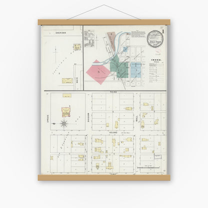 Old map wall art mockup — magnetic wood frame on white wall — Sanborn Fire Insurance Map from Eagle River, Vilas County, Wisconsin (1894), Sheet #0001