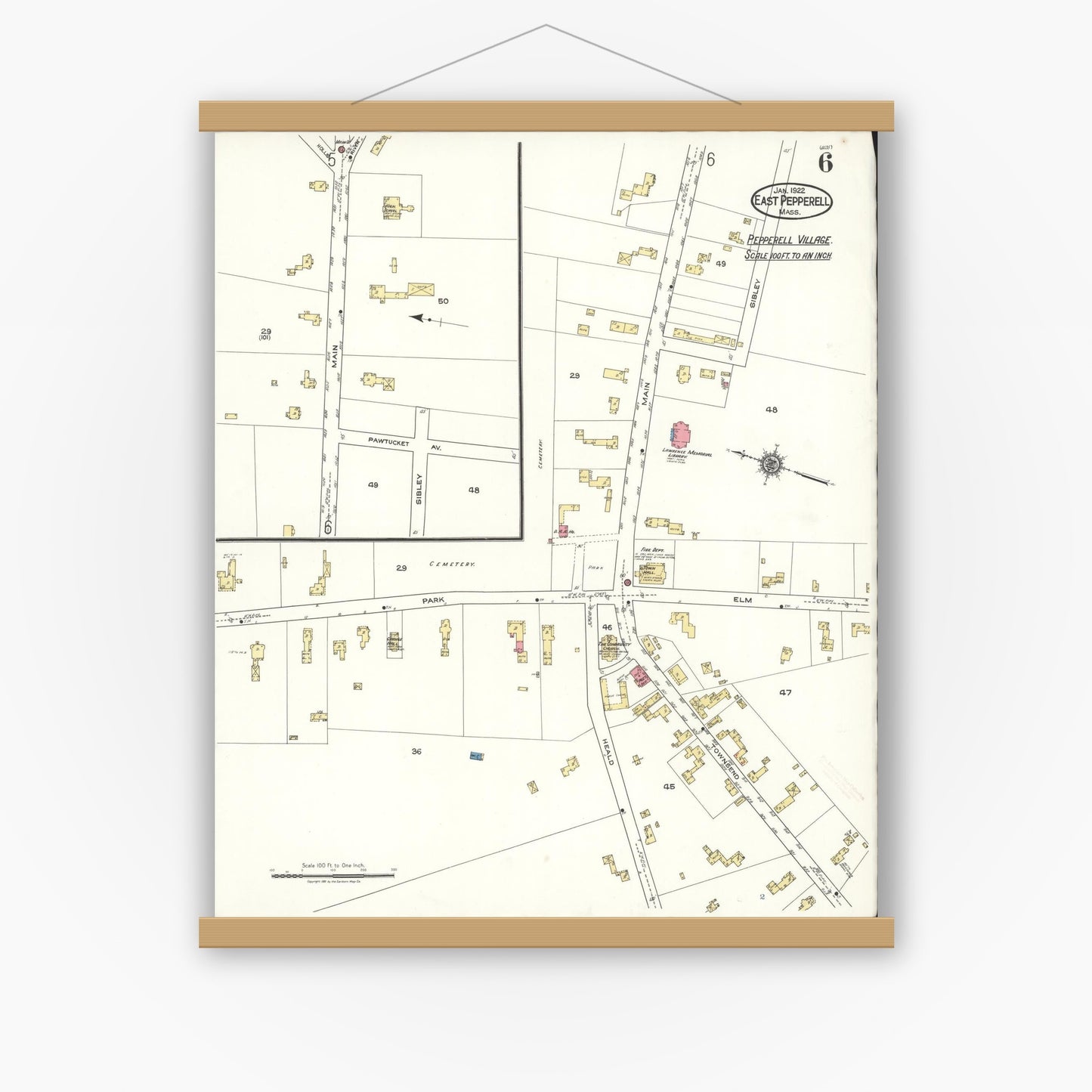Old map wall art mockup — magnetic wood frame on white wall — Sanborn Fire Insurance Map from East Pepperell, Middlesex County, Massachusetts (1922), Sheet #0006