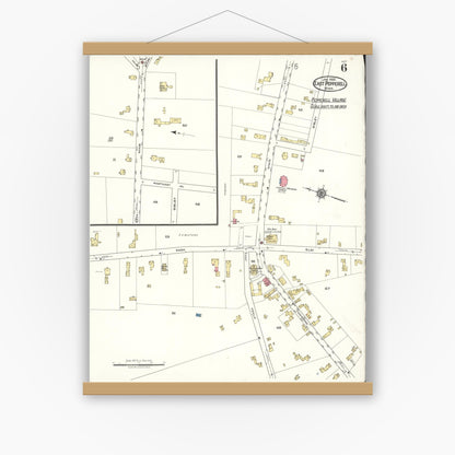 Old map wall art mockup — magnetic wood frame on white wall — Sanborn Fire Insurance Map from East Pepperell, Middlesex County, Massachusetts (1922), Sheet #0006