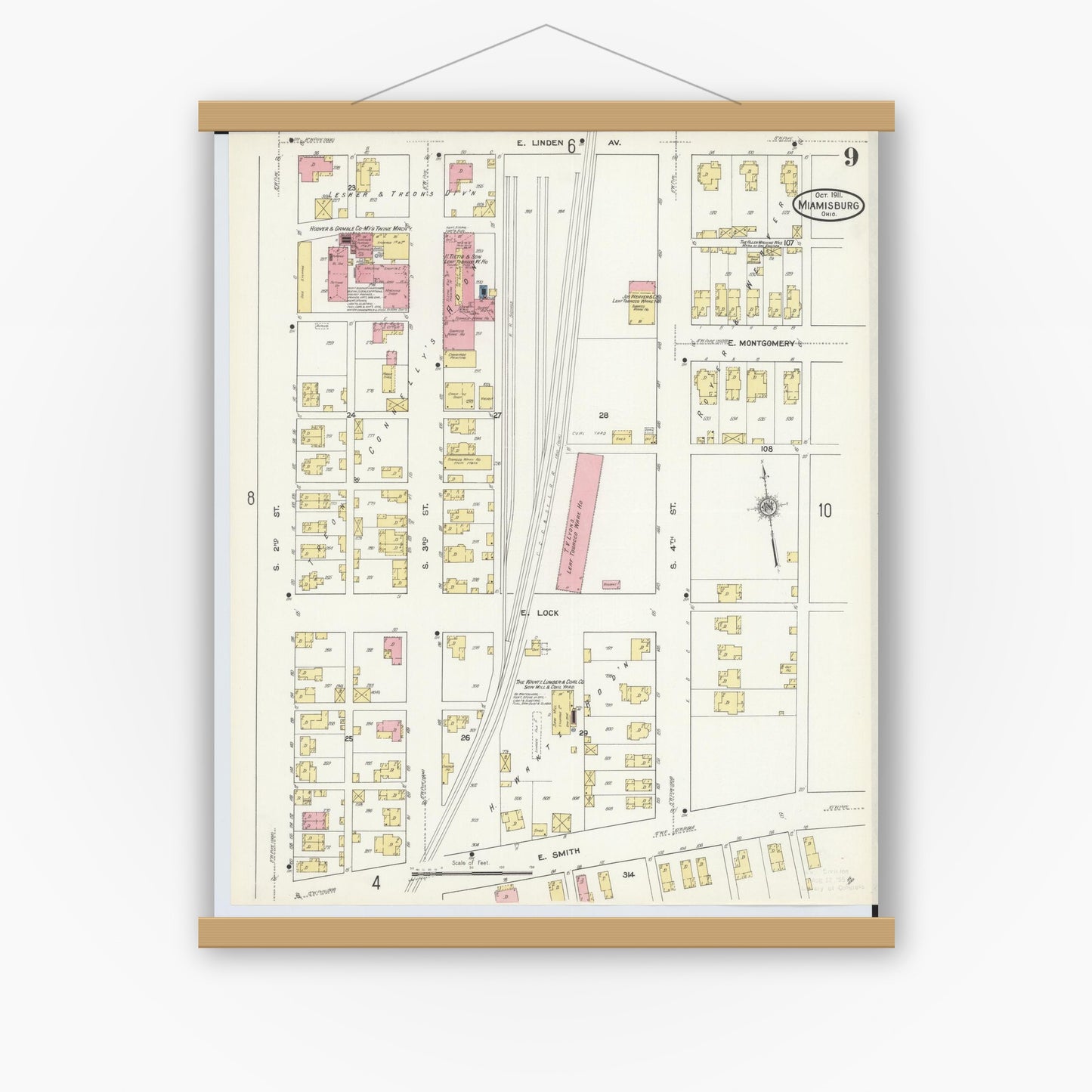 Old map wall art mockup — magnetic wood frame on white wall — Sanborn Fire Insurance Map from Miamisburg, Montgomery County, Ohio (1911), Sheet #0009