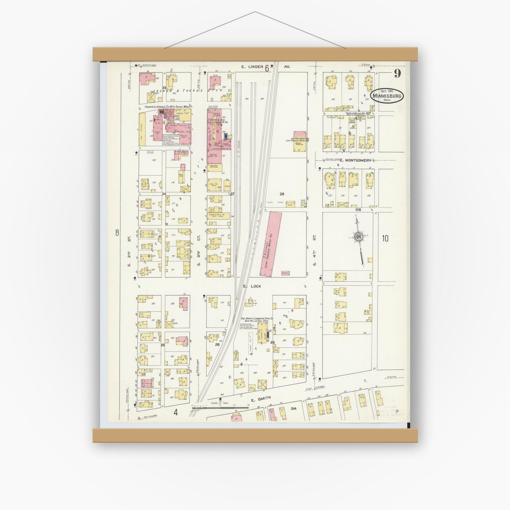 Old map wall art mockup — magnetic wood frame on white wall — Sanborn Fire Insurance Map from Miamisburg, Montgomery County, Ohio (1911), Sheet #0009