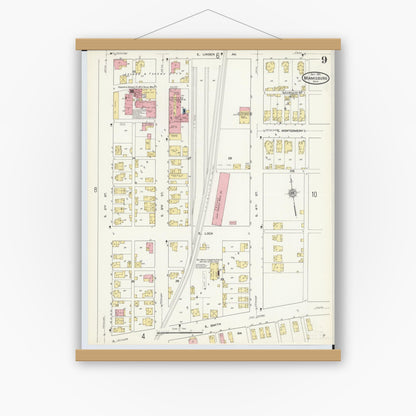 Old map wall art mockup — magnetic wood frame on white wall — Sanborn Fire Insurance Map from Miamisburg, Montgomery County, Ohio (1911), Sheet #0009