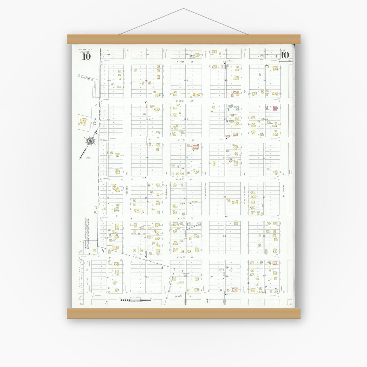 Old map wall art mockup — magnetic wood frame on white wall — Sanborn Fire Insurance Map from Odessa, Edger County, Texas (1939), Sheet #0010