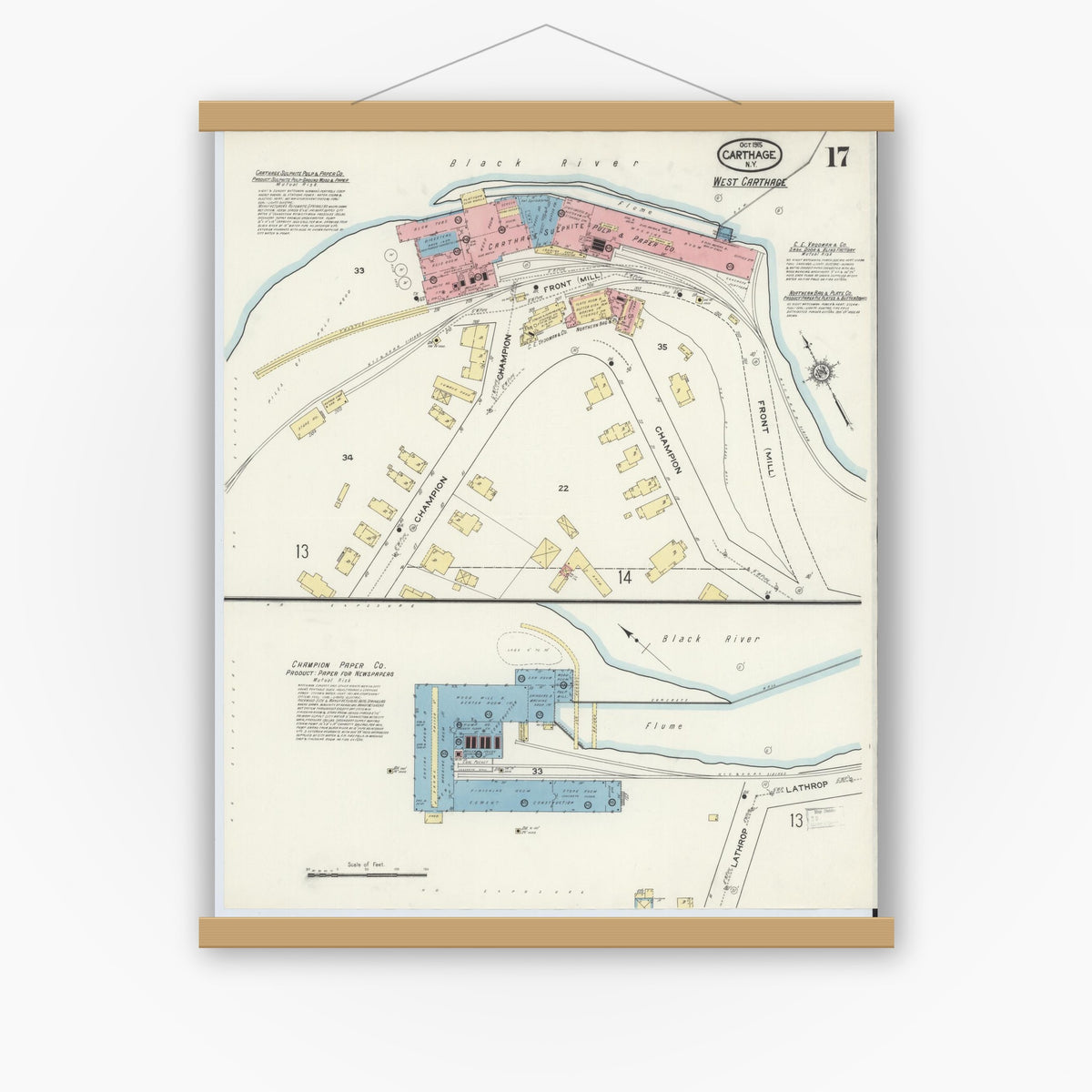 Old map wall art mockup — magnetic wood frame on white wall — Sanborn Fire Insurance Map from Carthage, Jefferson County, New York (1915), Sheet #0017
