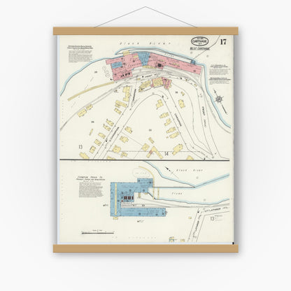 Old map wall art mockup — magnetic wood frame on white wall — Sanborn Fire Insurance Map from Carthage, Jefferson County, New York (1915), Sheet #0017