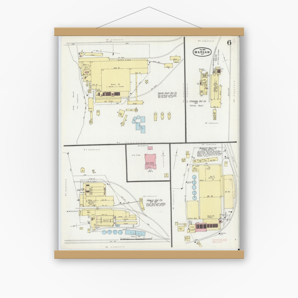 Old map wall art mockup — magnetic wood frame on white wall — Sanborn Fire Insurance Map from Warsaw, Wyoming County, New York (1897), Sheet #0006