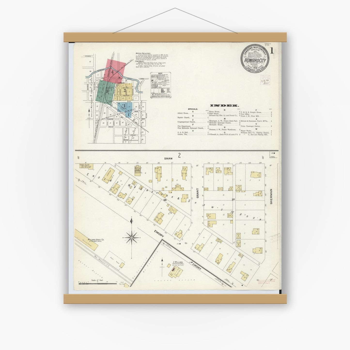 Old map wall art mockup — magnetic wood frame on white wall — Sanborn Fire Insurance Map from Howard City, Montcalm County, Michigan (1908) - Complete Map Set