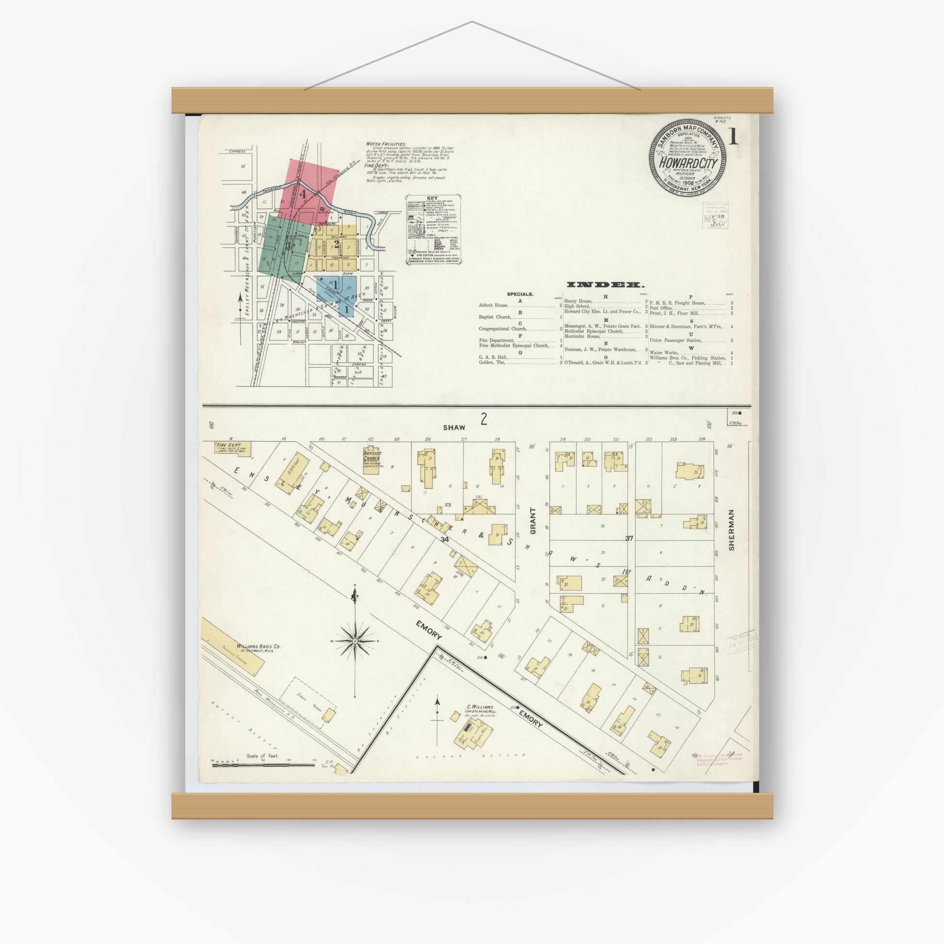 Old map wall art mockup — magnetic wood frame on white wall — Sanborn Fire Insurance Map from Howard City, Montcalm County, Michigan (1908) - Complete Map Set
