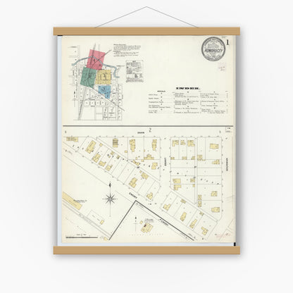 Old map wall art mockup — magnetic wood frame on white wall — Sanborn Fire Insurance Map from Howard City, Montcalm County, Michigan (1908) - Complete Map Set
