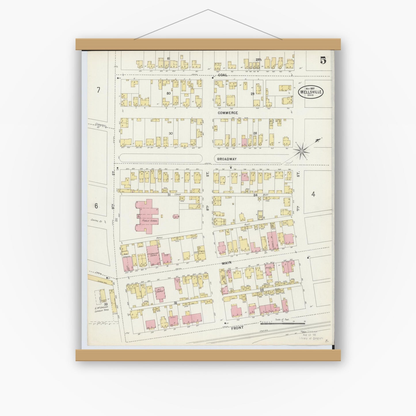 Old map wall art mockup — magnetic wood frame on white wall — Sanborn Fire Insurance Map from Wellsville, Columbiana County, Ohio (1897), Sheet #0005
