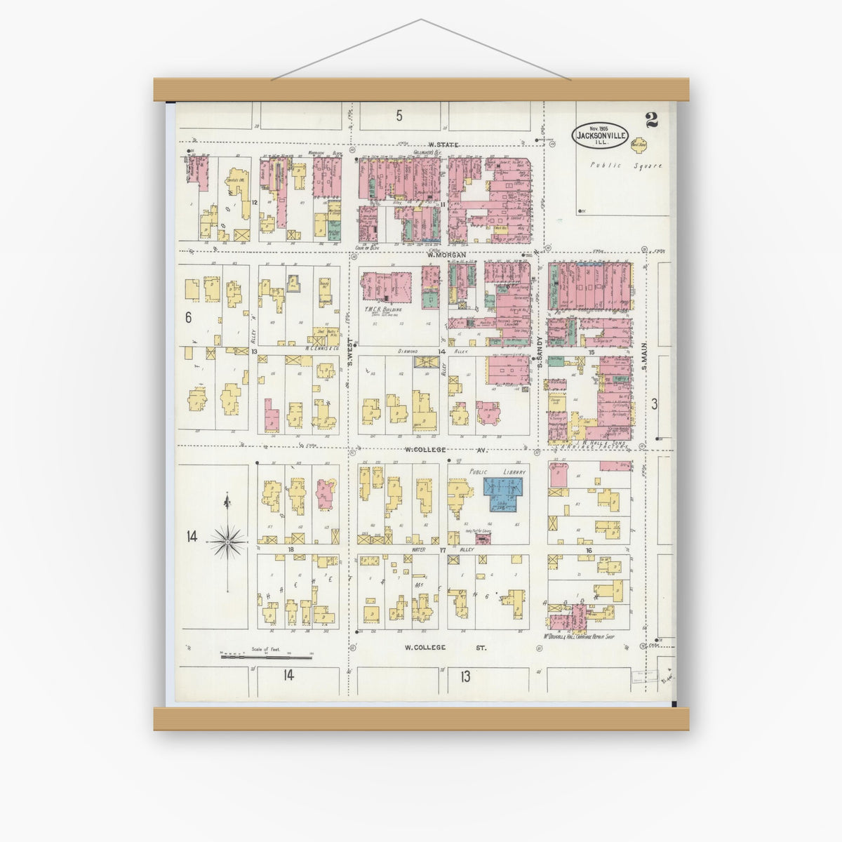 Old map wall art mockup — magnetic wood frame on white wall — Sanborn Fire Insurance Map from Jacksonville, Morgan County, Illinois (1905), Sheet #0002
