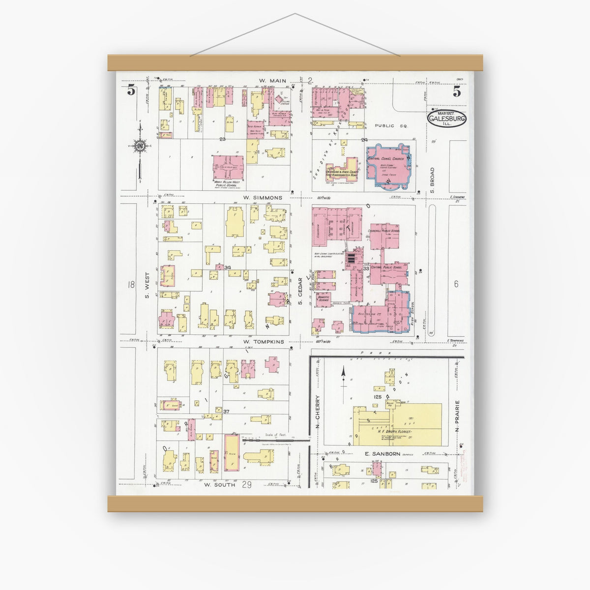 Old map wall art mockup — magnetic wood frame on white wall — Sanborn Fire Insurance Map from Galesburg, Knox County, Illinois (1927), Sheet #0005