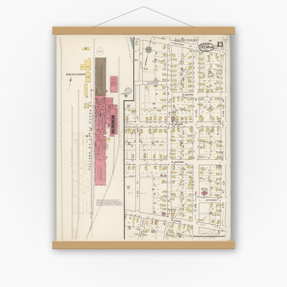 Old map wall art mockup — magnetic wood frame on white wall — Sanborn Fire Insurance Map from Decatur, Adams County, Indiana (1922), Sheet #0013