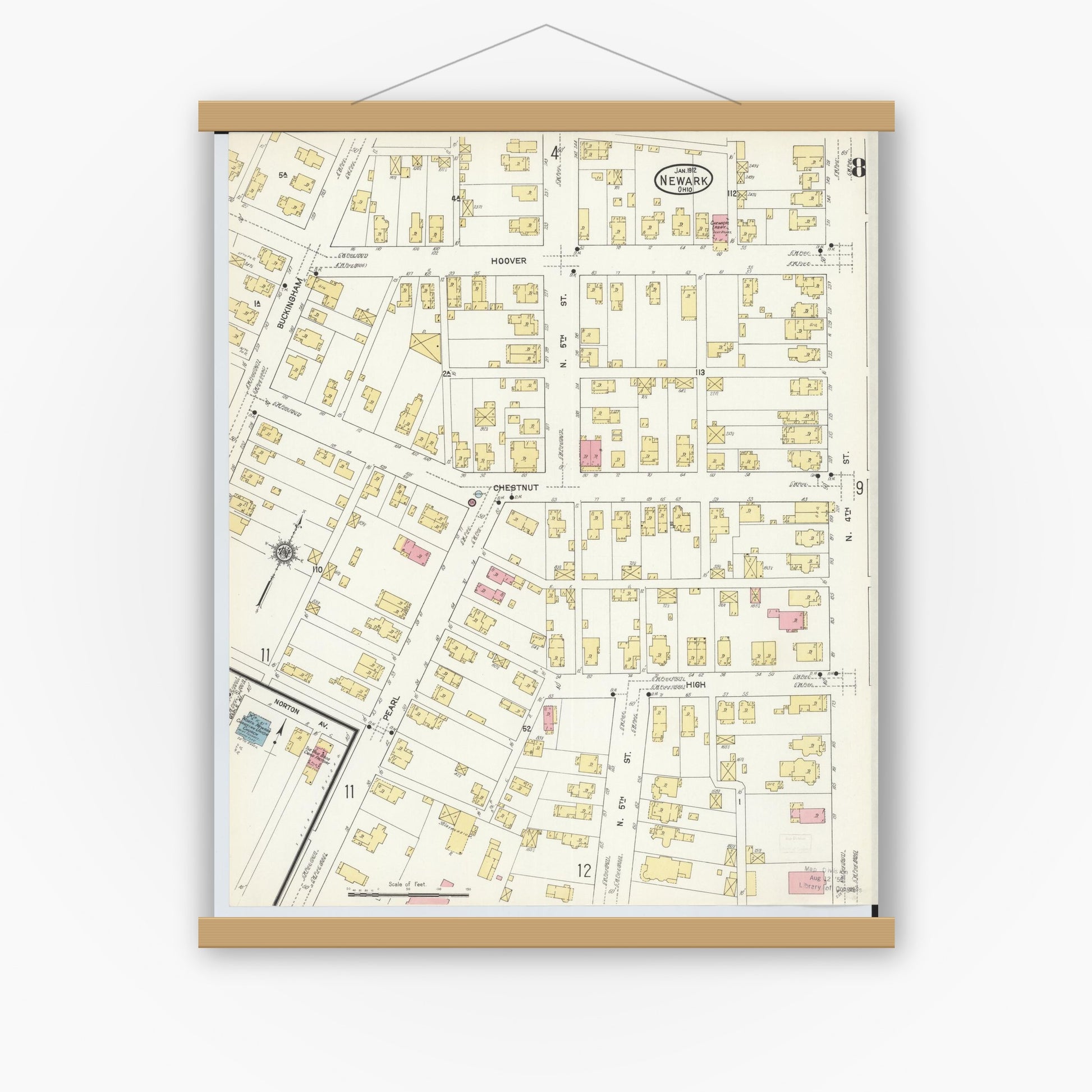 Old map wall art mockup — magnetic wood frame on white wall — Sanborn Fire Insurance Map from Newark, Licking County, Ohio (1912), Sheet #0008