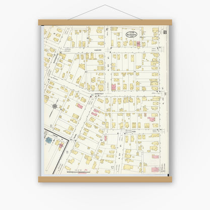 Old map wall art mockup — magnetic wood frame on white wall — Sanborn Fire Insurance Map from Newark, Licking County, Ohio (1912), Sheet #0008