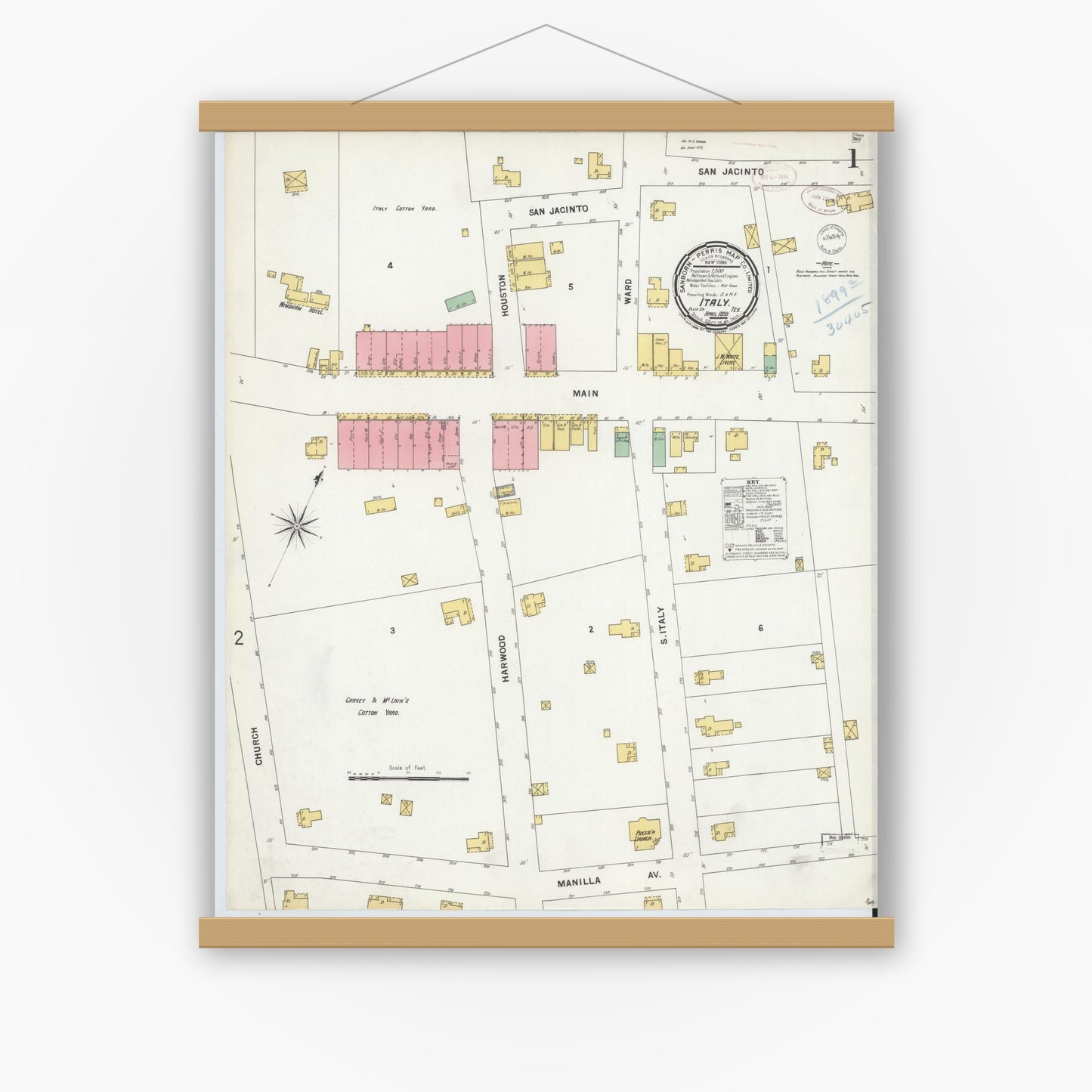 Old map wall art mockup — magnetic wood frame on white wall — Sanborn Fire Insurance Map from Italy, Ellis County, Texas (1899) - Complete Map Set