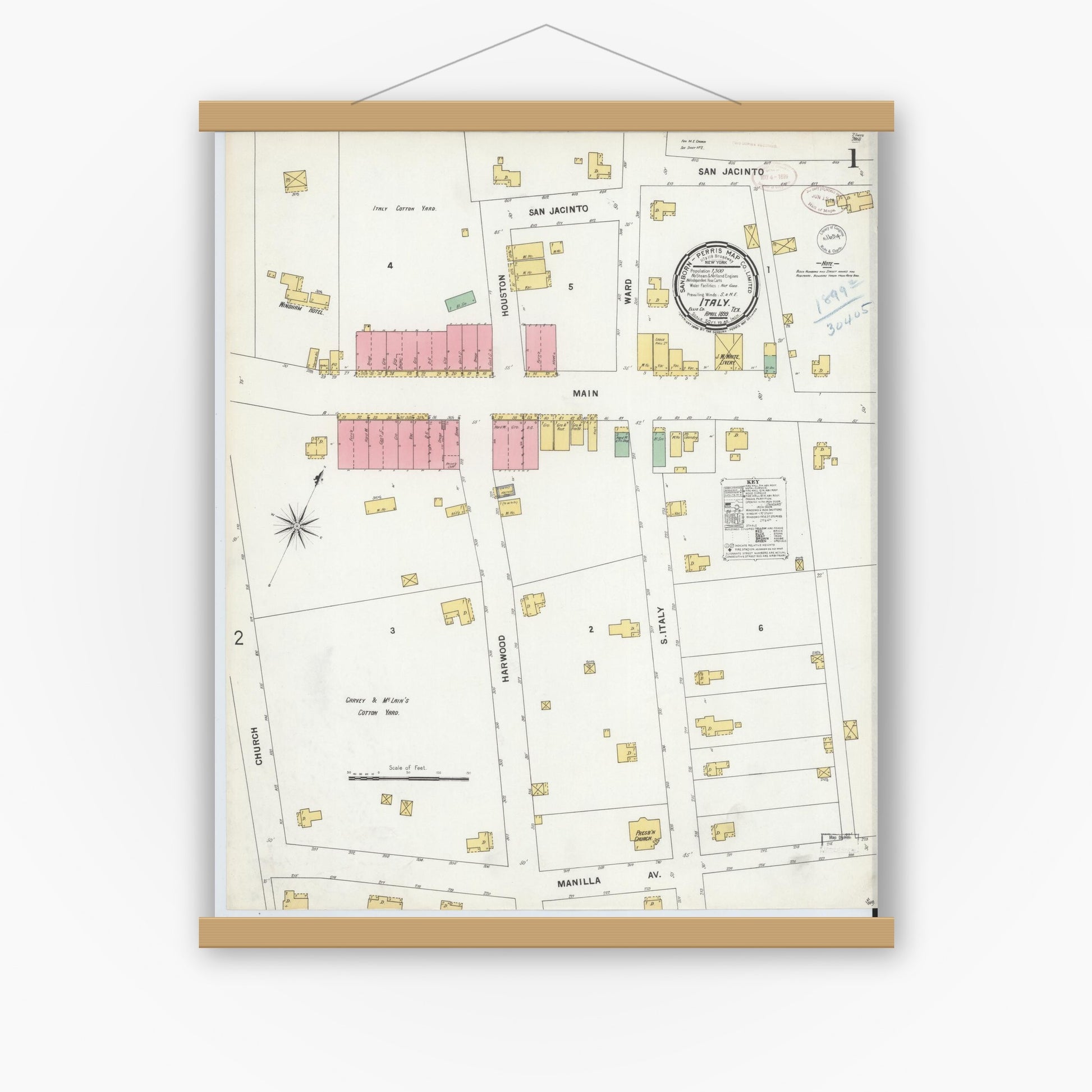Old map wall art mockup — magnetic wood frame on white wall — Sanborn Fire Insurance Map from Italy, Ellis County, Texas (1899) - Complete Map Set