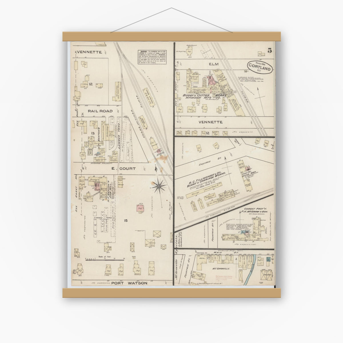Old map wall art mockup — magnetic wood frame on white wall — Sanborn Fire Insurance Map from Cortland, Cortland County, New York (1884), Sheet #0005