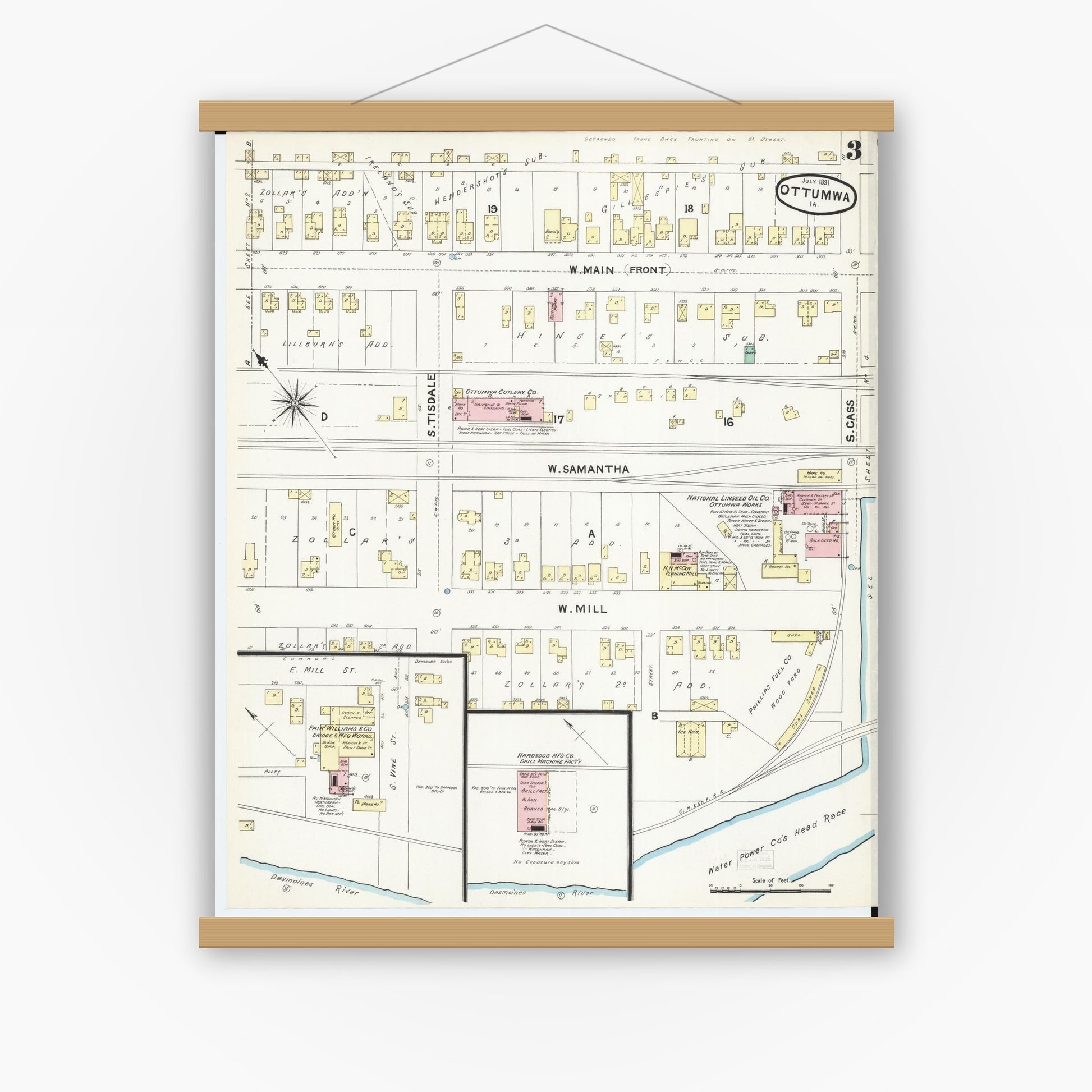Old map wall art mockup — magnetic wood frame on white wall — Sanborn Fire Insurance Map from Ottumwa, Wapello County, Iowa (1891), Sheet #0003