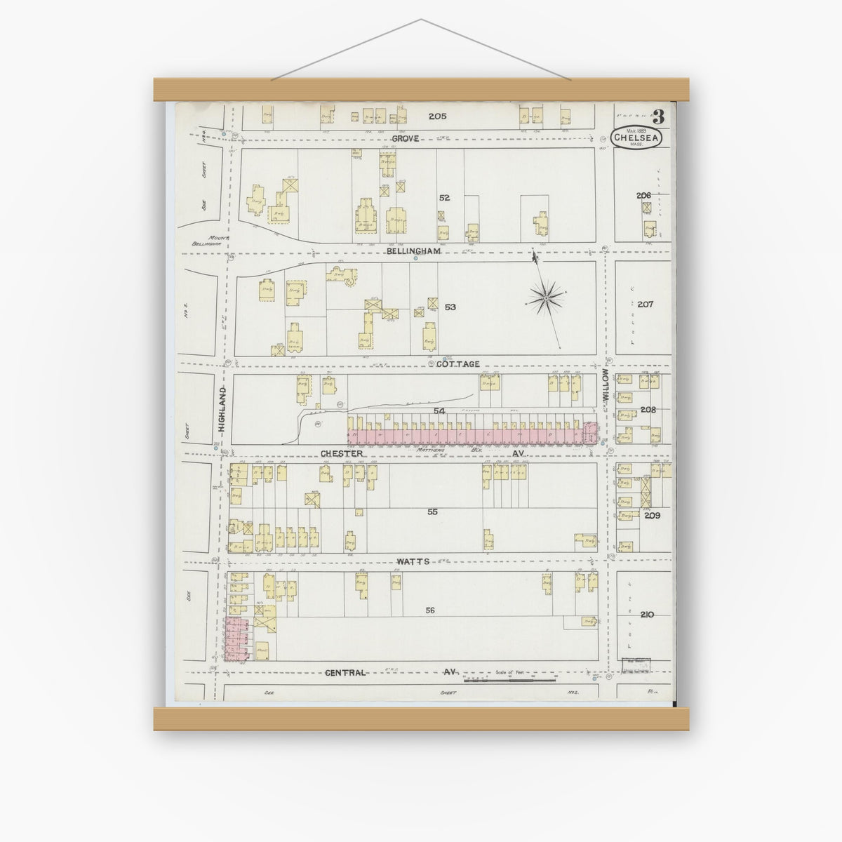Old map wall art mockup — magnetic wood frame on white wall — Sanborn Fire Insurance Map from Chelsea, Suffolk County, Massachusetts (1889), Sheet #0003