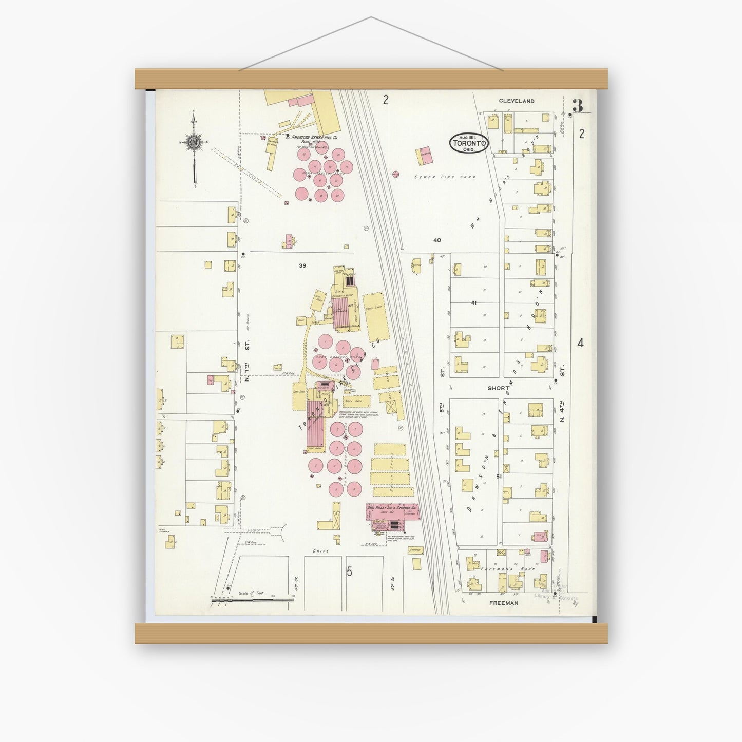 Old map wall art mockup — magnetic wood frame on white wall — Sanborn Fire Insurance Map from Toronto, Jefferson County, Ohio (1911), Sheet #0003