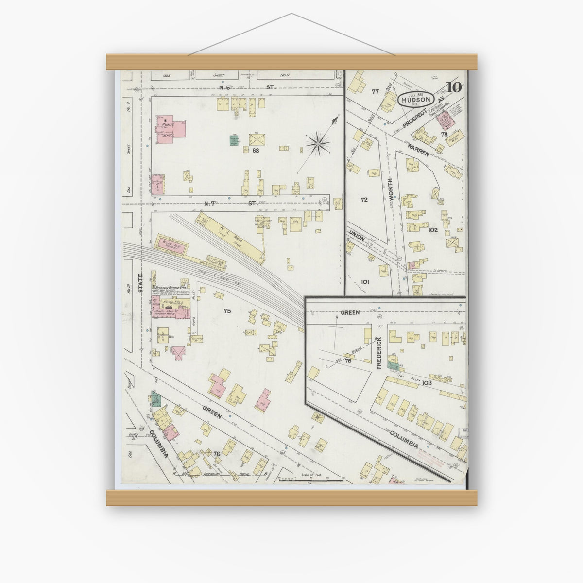 Old map wall art mockup — magnetic wood frame on white wall — Sanborn Fire Insurance Map from Hudson, Columbia County, New York (1889), Sheet #0010