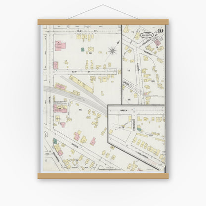 Old map wall art mockup — magnetic wood frame on white wall — Sanborn Fire Insurance Map from Hudson, Columbia County, New York (1889), Sheet #0010