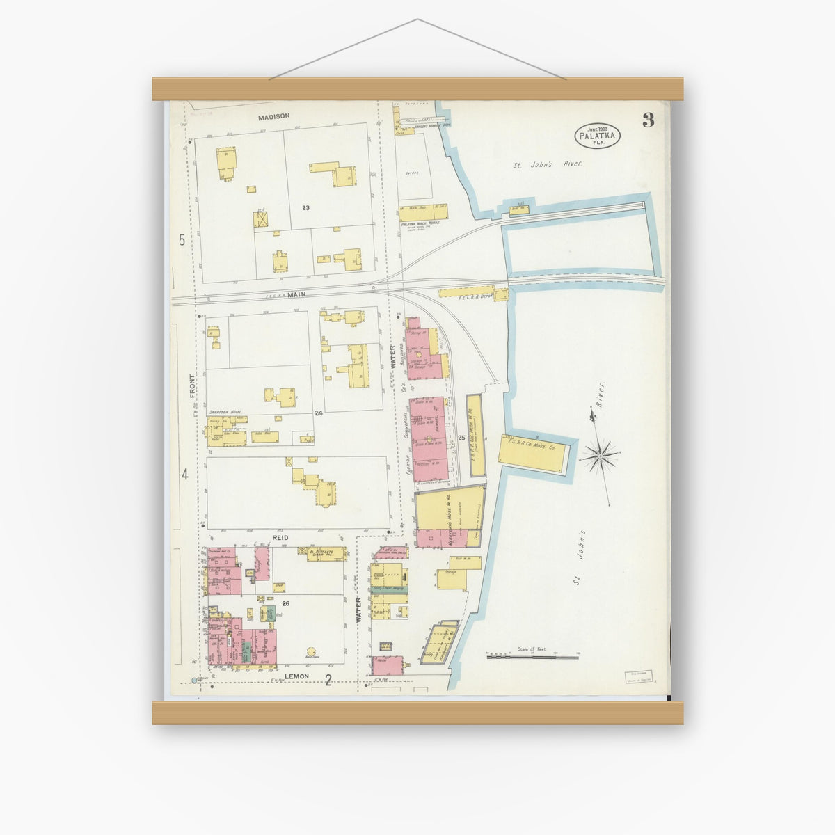 Old map wall art mockup — magnetic wood frame on white wall — Sanborn Fire Insurance Map from Palatka, Putnam County, Florida (1903), Sheet #0003