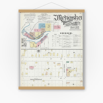 Old map wall art mockup — magnetic wood frame on white wall — Sanborn Fire Insurance Map from Menasha, Winnebago County, Wisconsin (1891) - Complete Map Set