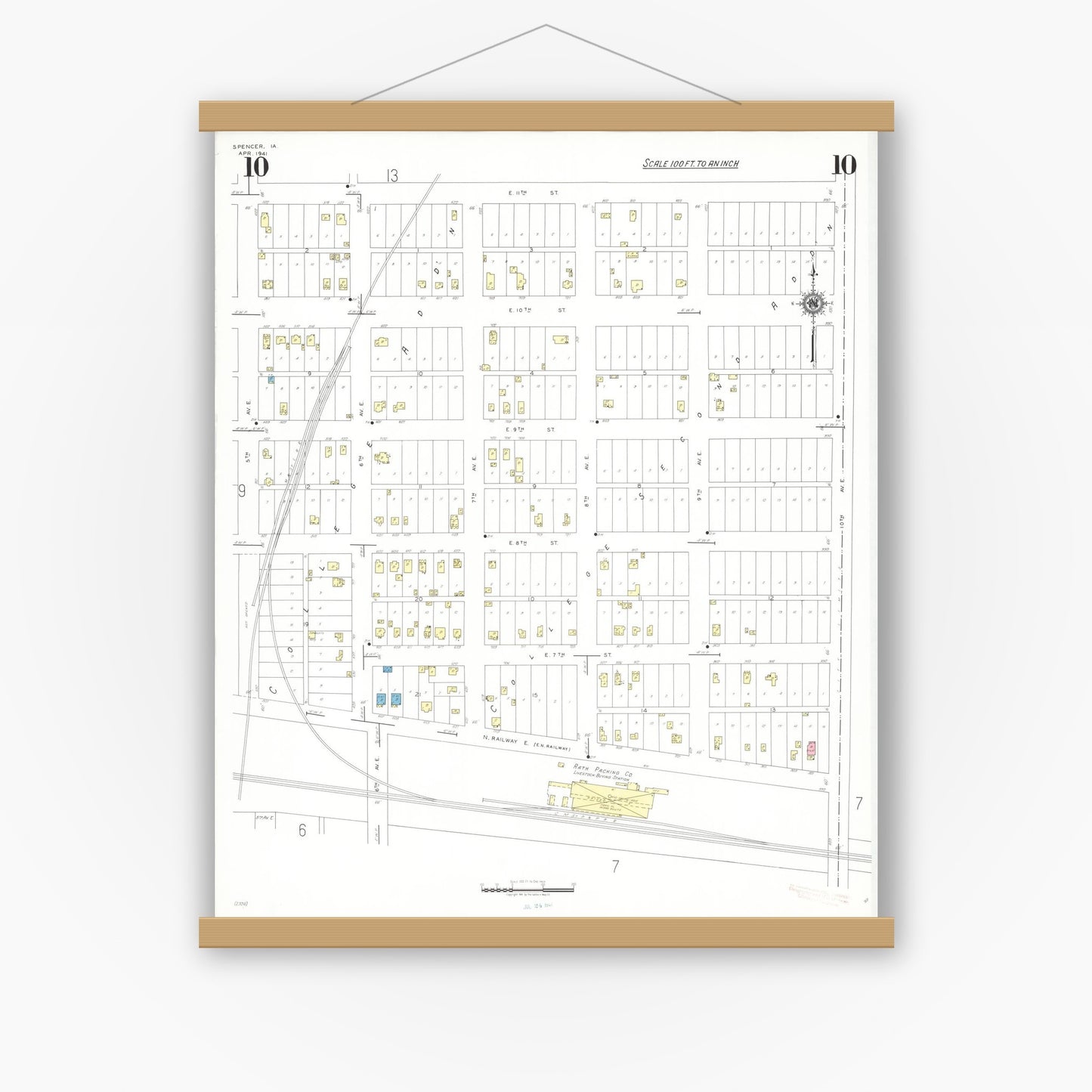 Old map wall art mockup — magnetic wood frame on white wall — Sanborn Fire Insurance Map from Spencer, Clay County, Iowa (1941), Sheet #0010