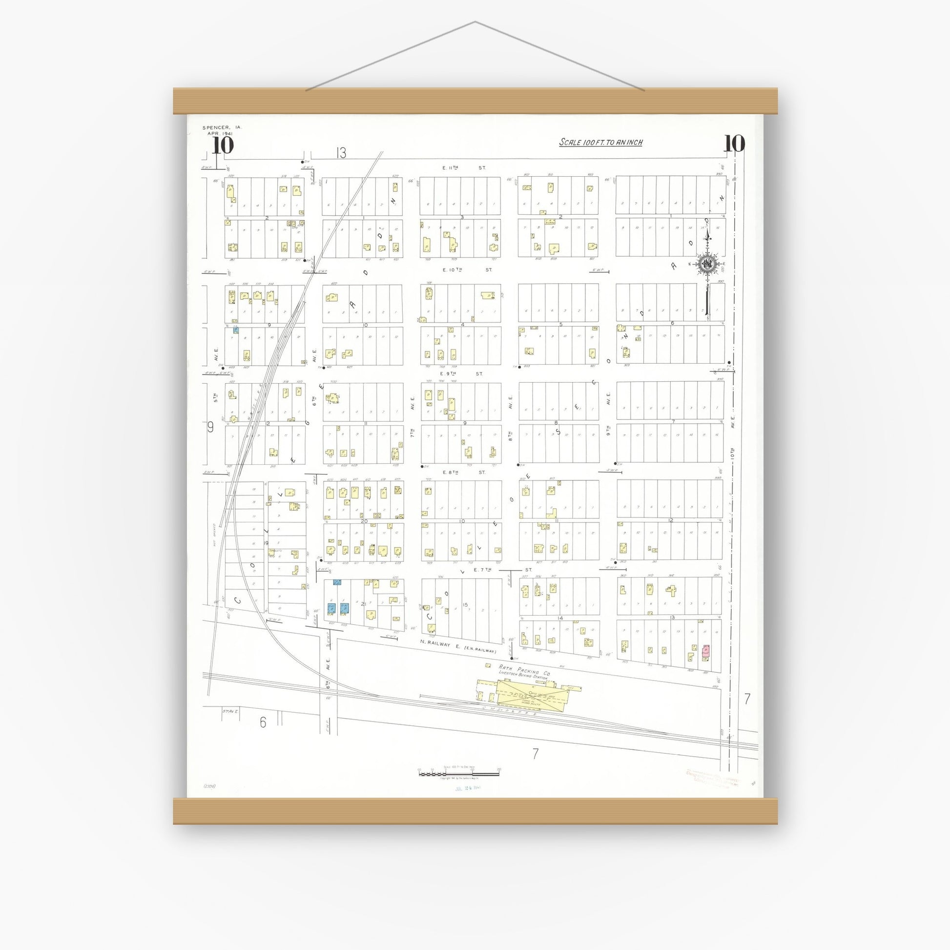 Old map wall art mockup — magnetic wood frame on white wall — Sanborn Fire Insurance Map from Spencer, Clay County, Iowa (1941), Sheet #0010