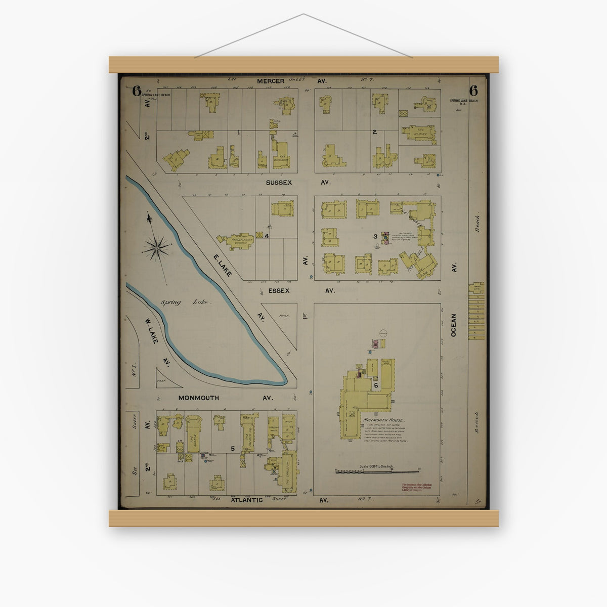 Old map wall art mockup — magnetic wood frame on white wall — Sanborn Fire Insurance Map from New Jersey Coast, New Jersey Coast, New Jersey (1890), Sheet #0006