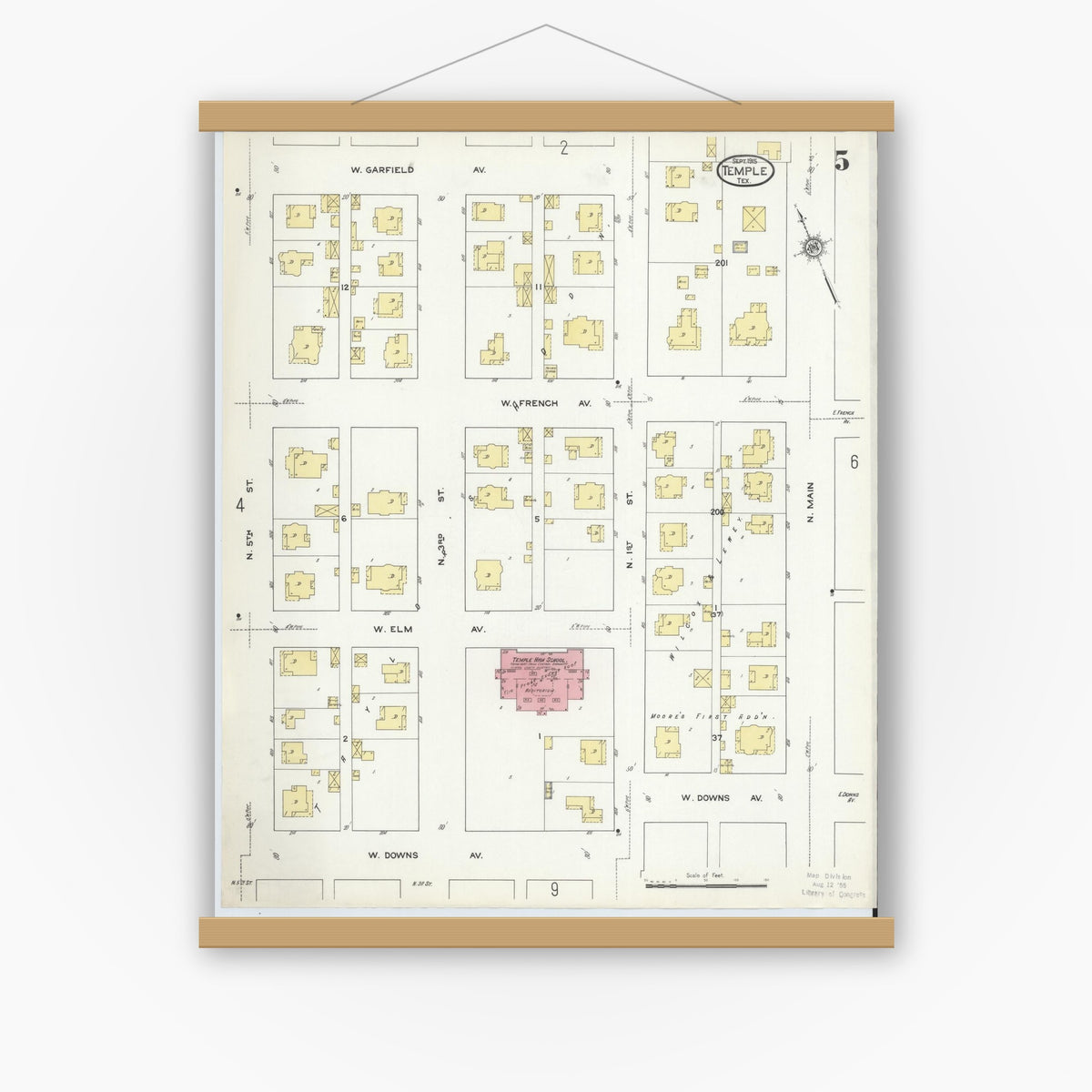 Old map wall art mockup — magnetic wood frame on white wall — Sanborn Fire Insurance Map from Temple, Bell County, Texas (1915), Sheet #0005