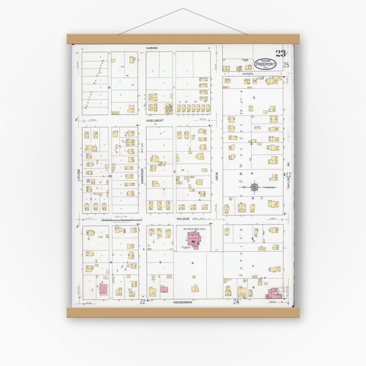 Old map wall art mockup — magnetic wood frame on white wall — Sanborn Fire Insurance Map from Freeport, Stephenson County, Illinois (1918), Sheet #0023