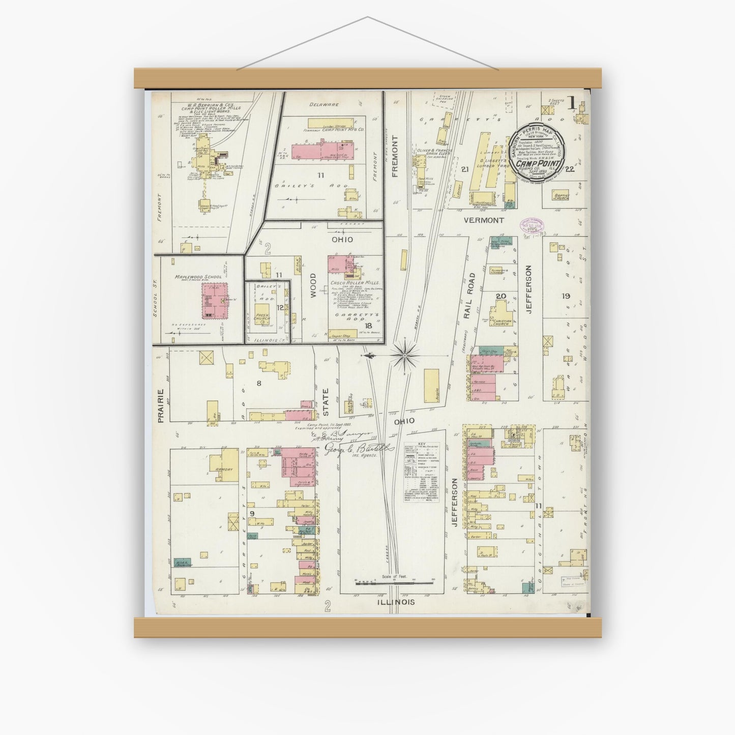 Old map wall art mockup — magnetic wood frame on white wall — Sanborn Fire Insurance Map from Camp Point, Adams County, Illinois (1893), Sheet #0001