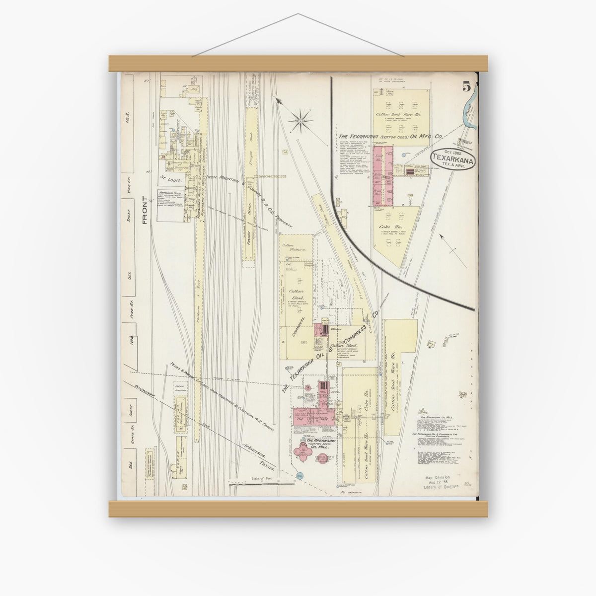 Old map wall art mockup — magnetic wood frame on white wall — Sanborn Fire Insurance Map from Texarkana, Bowie County, Texas (1885), Sheet #0005
