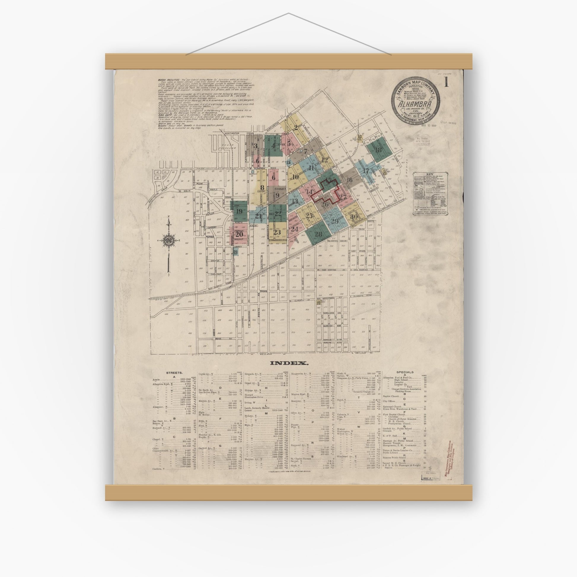 Old map wall art mockup — magnetic wood frame on white wall — Sanborn Fire Insurance Map from Alhambra, Los Angeles County, California (1912), Sheet #0001