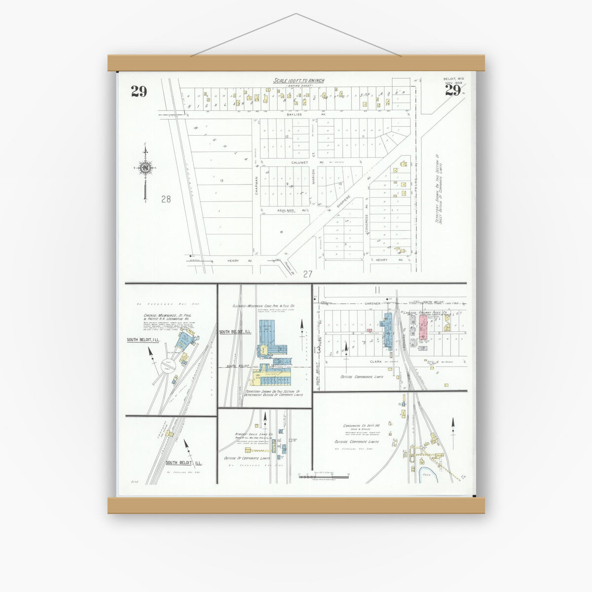Old map wall art mockup — magnetic wood frame on white wall — Sanborn Fire Insurance Map from Beloit, Rock County, Wisconsin (1939), Sheet #0029