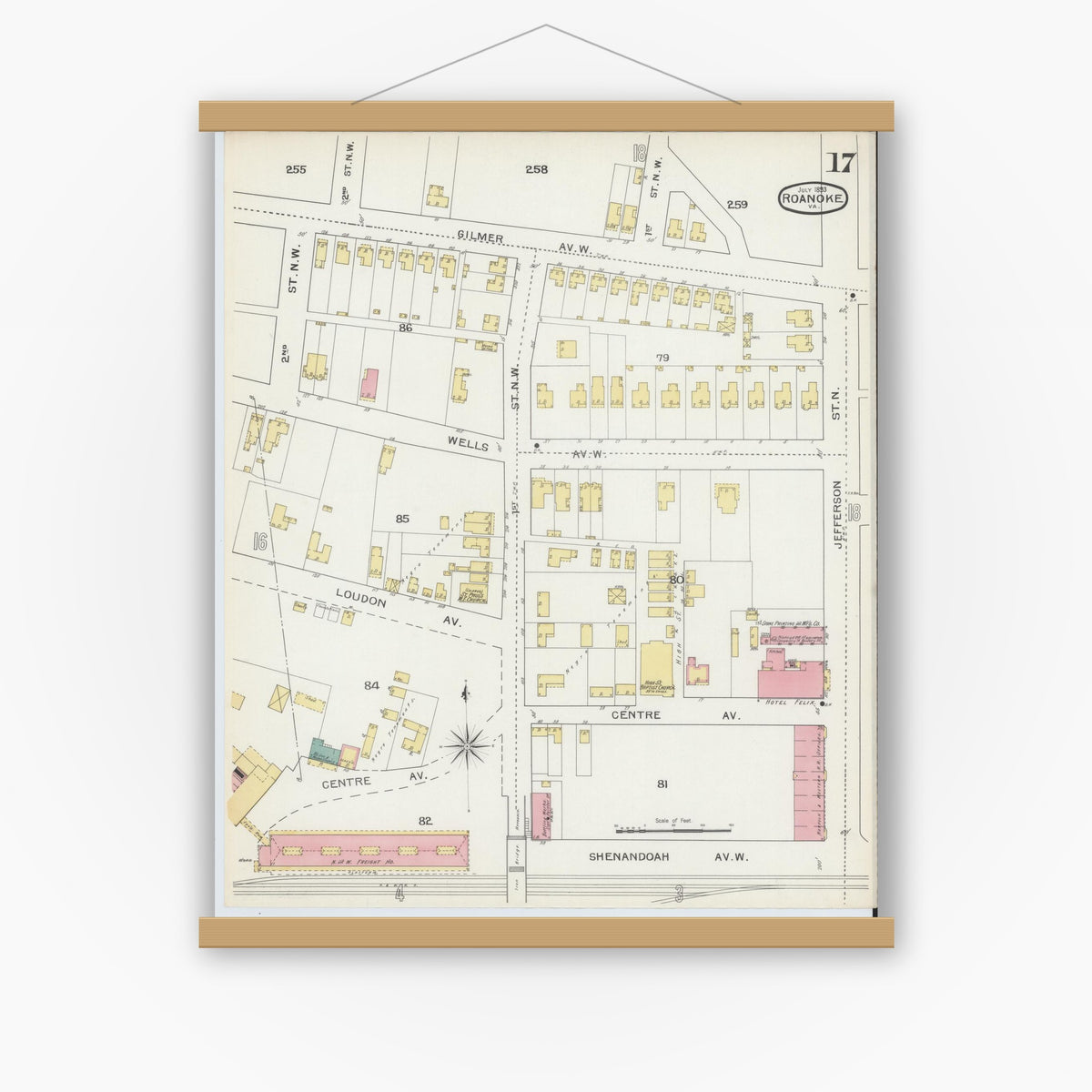 Old map wall art mockup — magnetic wood frame on white wall — Sanborn Fire Insurance Map from Roanoke, Independent Cities, Virginia (1893), Sheet #0017