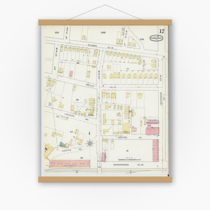 Old map wall art mockup — magnetic wood frame on white wall — Sanborn Fire Insurance Map from Roanoke, Independent Cities, Virginia (1893), Sheet #0017