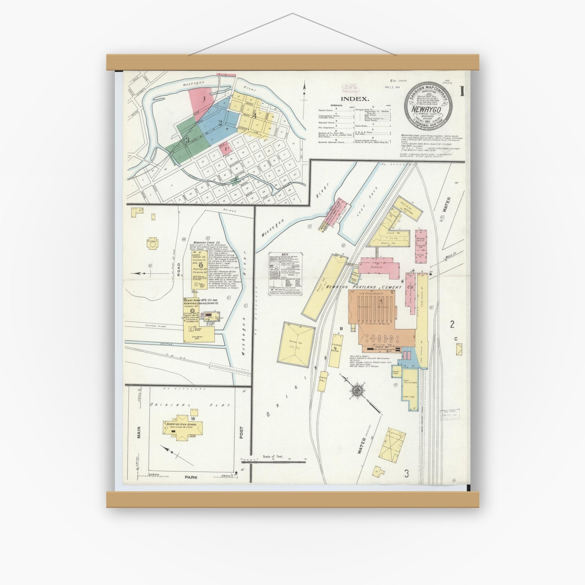Old map wall art mockup — magnetic wood frame on white wall — Sanborn Fire Insurance Map from Newaygo, Newaygo County, Michigan (1911), Sheet #0001