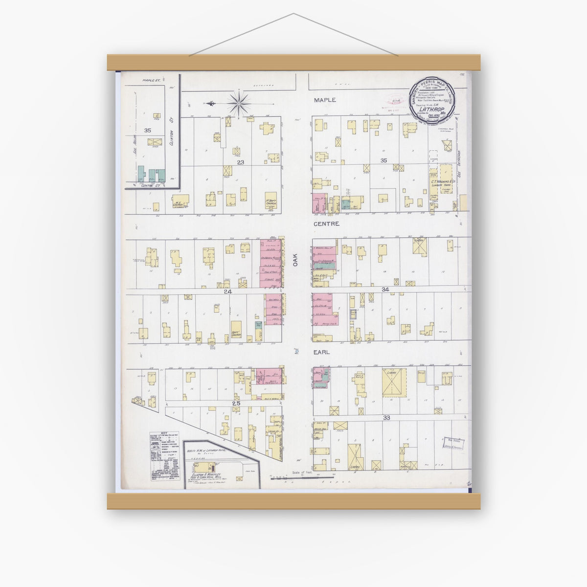 Old map wall art mockup — magnetic wood frame on white wall — Sanborn Fire Insurance Map from Lathrop, Clinton County, Missouri (1892), Sheet #0001