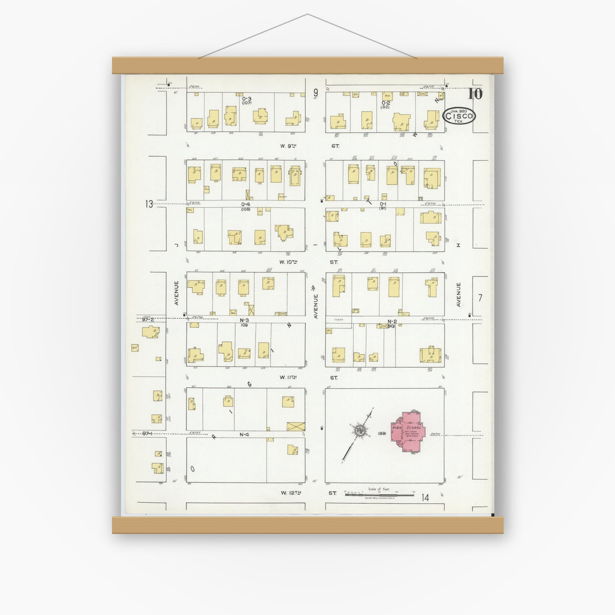 Old map wall art mockup — magnetic wood frame on white wall — Sanborn Fire Insurance Map from Cisco, Eastland County, Texas (1920), Sheet #0010